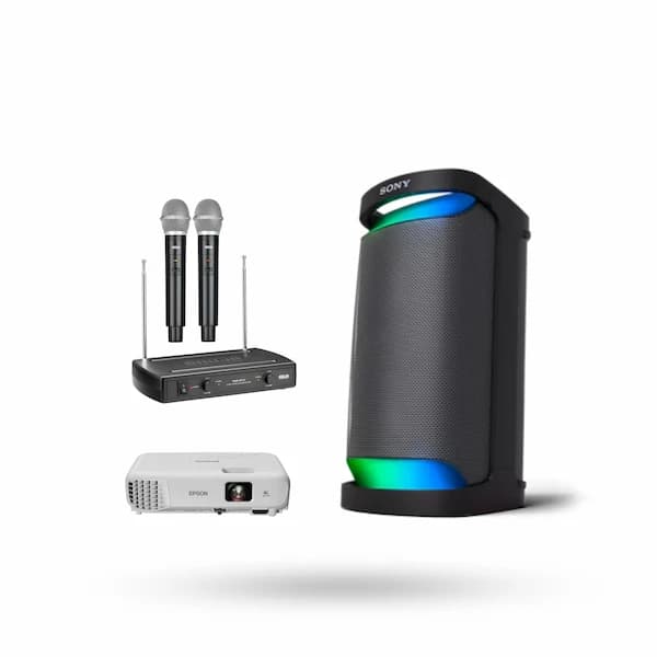 This is an image of Epson EB-E01 XGA Projector and speaker and mic combo on rent offered by SharePal.in in Bangalore.