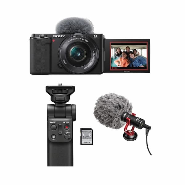 These are product images of Sony ZVE10 Vlogging Camera Creator Kit on rent by SharePal.