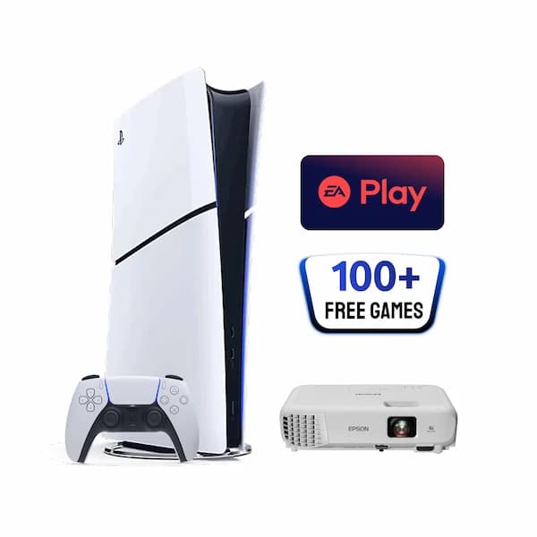 These are product images of Rent PS5 Console with 100 games with EA Play w/1 Controller with projector by SharePal.