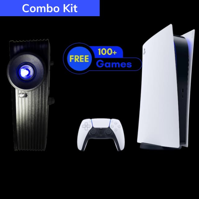 These are product images of ps5 with 1 controller 100 free games with one controller with projector combo on rent by SharePal.
