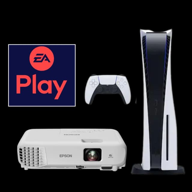 These are product images of ps5 with 2 controllers EA Play with projector combo on rent by SharePal.