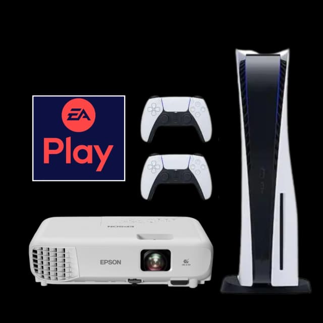 These are product images of ps5 with 2 controllers EA Play with projector combo on rent by SharePal.