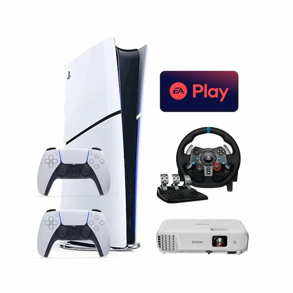 These are product images of ps5 with 2 controllers EA Play with projector with Logitech Wheel combo on rent by SharePal.
