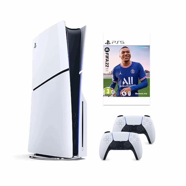 These are product images of PS5+FIFA22 with 2 Controllers by SharePal.