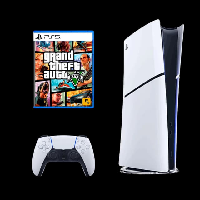 These are product images of PS5+GTA-V with 1 Controller by Sharepal.