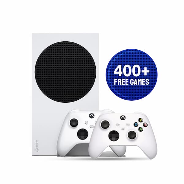 These are product images of Xbox Series S w/2 with game pass Controllers on rent by SharePal.