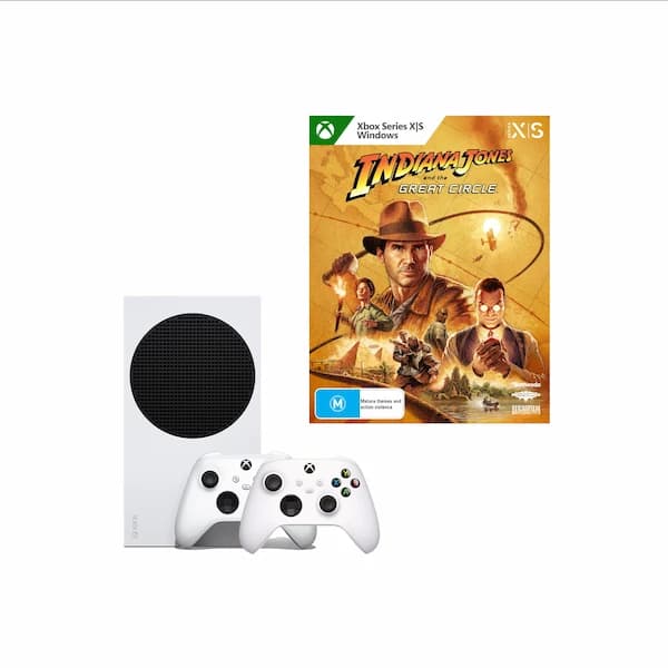These are product images of Xbox Series S w/2 Controllers with Indiana Jones on rent by SharePal.