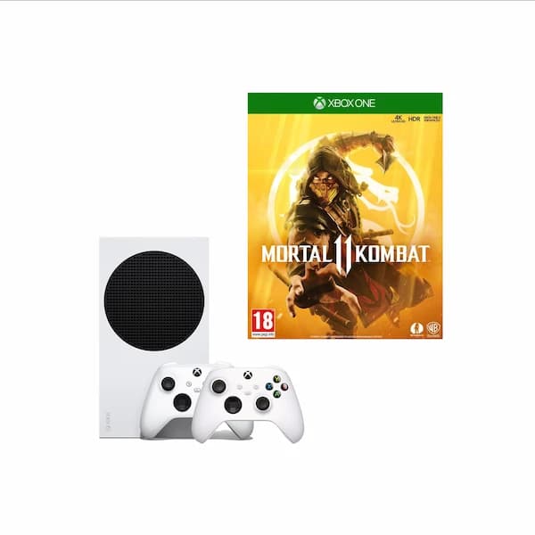 These are product images of Xbox Series S with MK11 and w/2 Controllers on rent by SharePal.