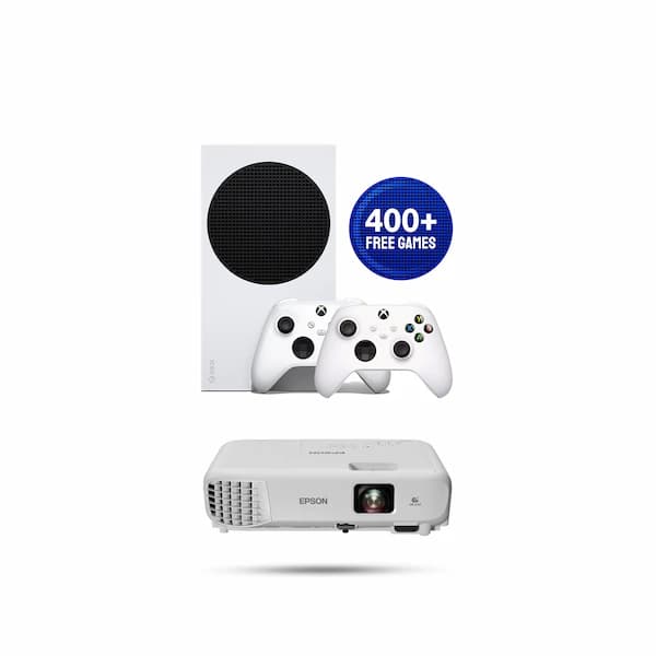 These are product images of Xbox Series S w/2 with game pass Controllers with projector on rent by SharePal.