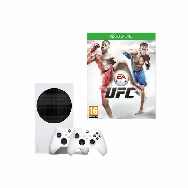 These are product images of Xbox Series S w/2 with UFC5 Controllers on rent by SharePal.